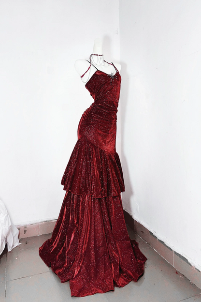 Sparkly Burgundy Mermaid Spaghetti Strap Evening Dress F0284