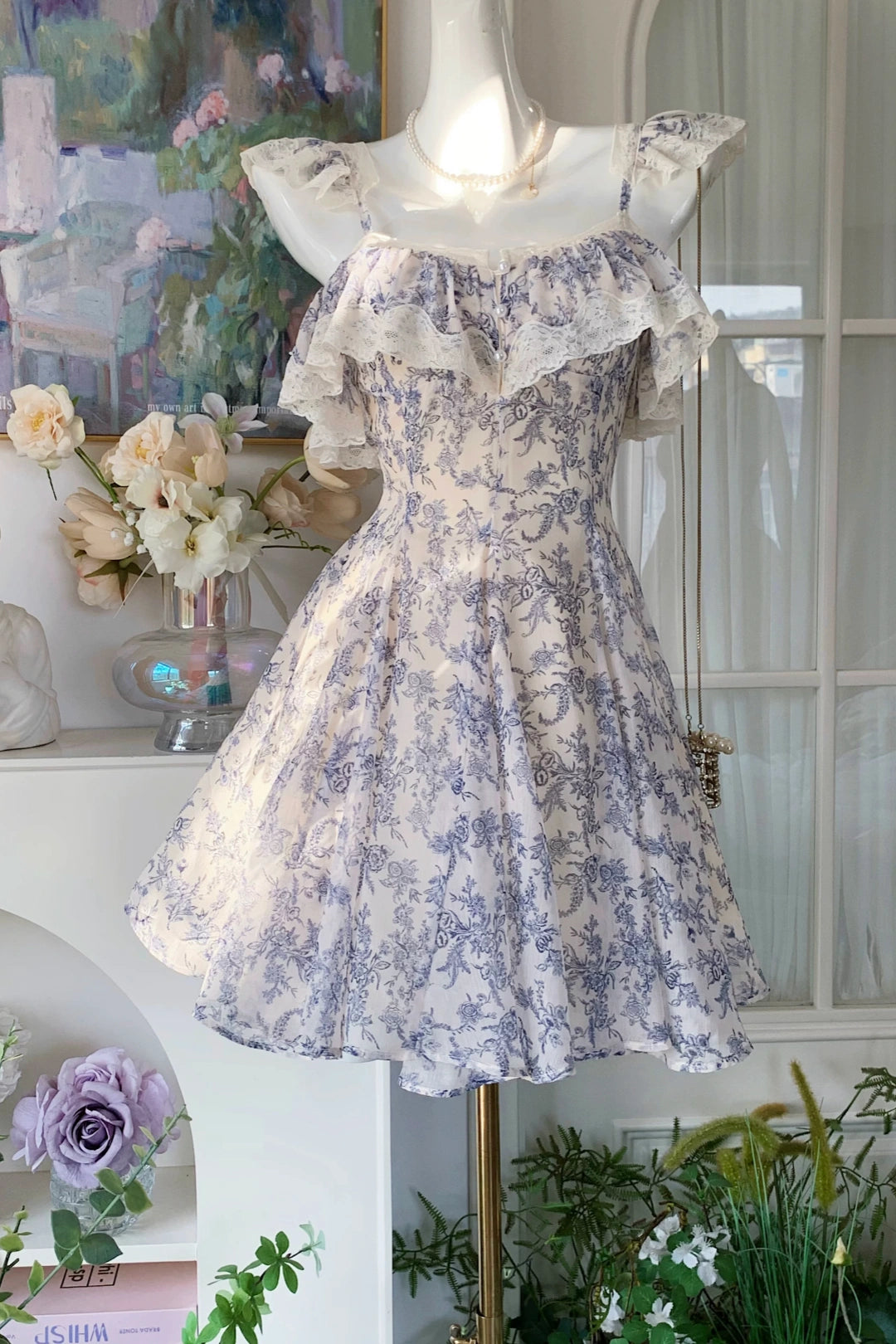 Off‑Shoulder Blue Floral Lace Short Dress Ruffled Homecoming Party Gown F0119