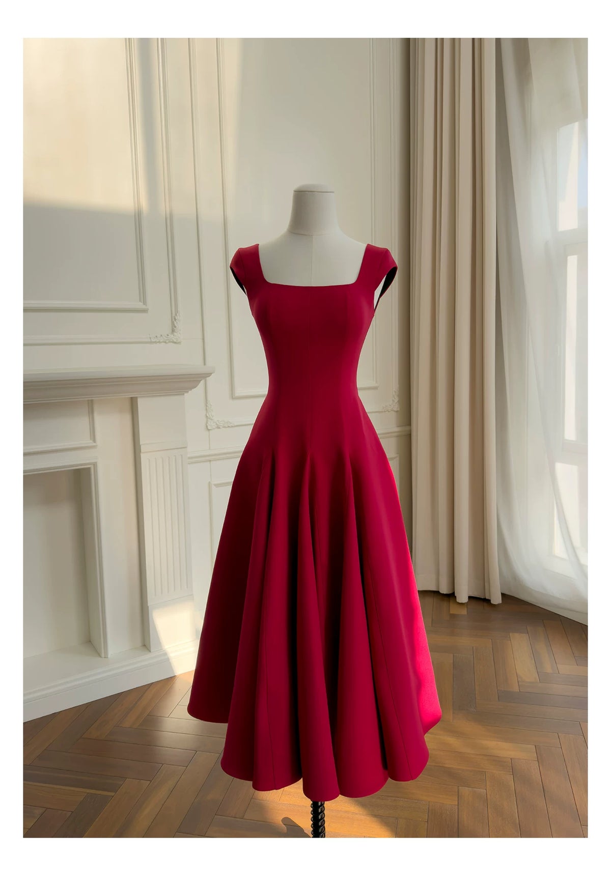 Burgundy Square Neck Midi Formal Dress Cap Sleeve A-Line Evening Party Dress F0433
