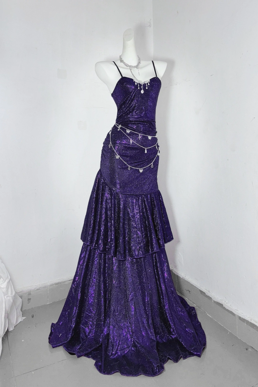Sparkly Purple Mermaid Spaghetti Strap Evening Dress F0283