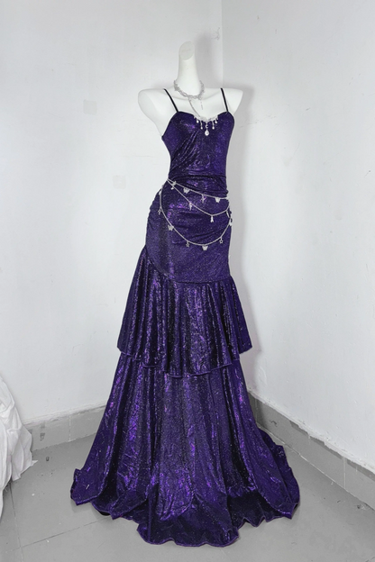 Sparkly Purple Mermaid Spaghetti Strap Evening Dress F0283
