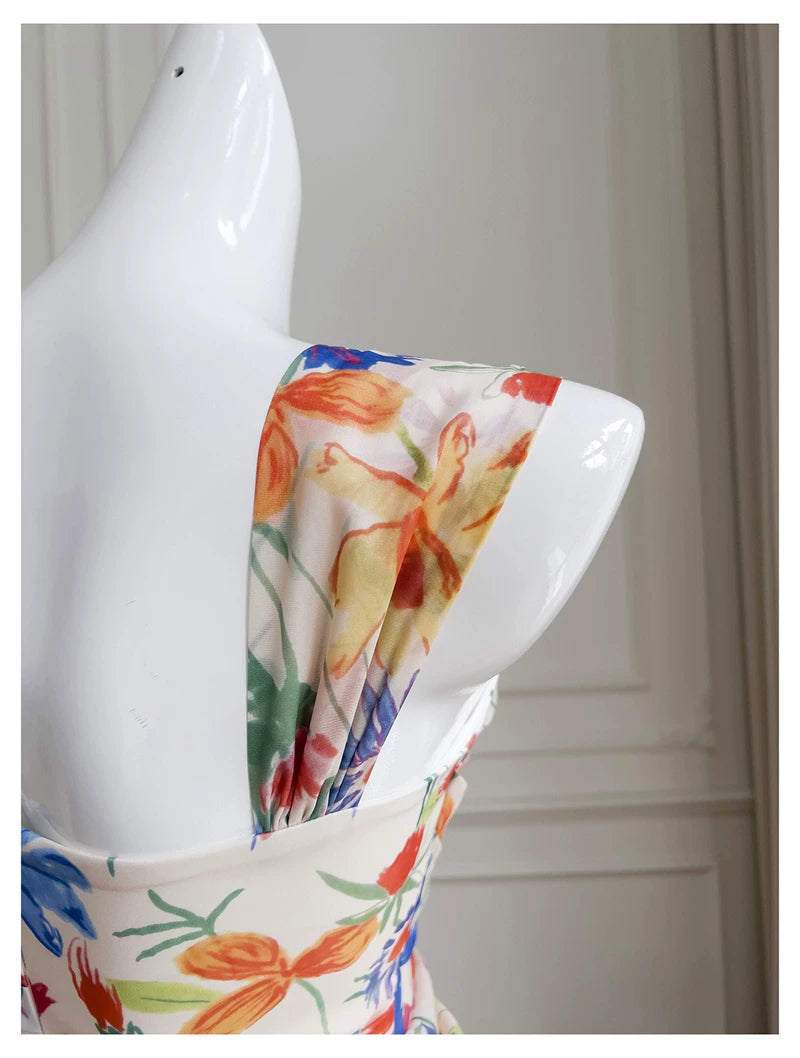 Watercolor Floral Chiffon Maxi Dress, Square Neck Spaghetti Strap Dress F0435