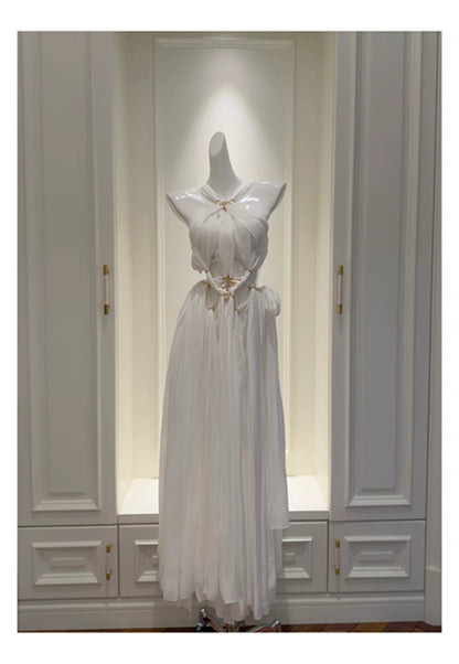 Halter White Chiffon Maxi Evening Dress F0438