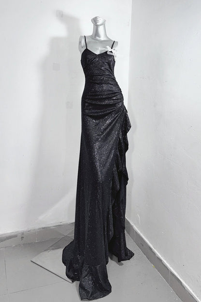 Elegant black glitter mermaid dress with thin spaghetti straps, side ruched waist and asymmetrical ruffle high slit floor-length Dress  F0285