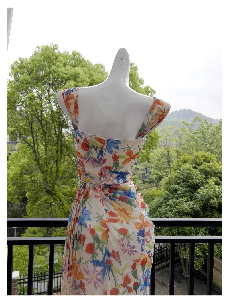 Watercolor Floral Chiffon Maxi Dress, Square Neck Spaghetti Strap Dress F0435