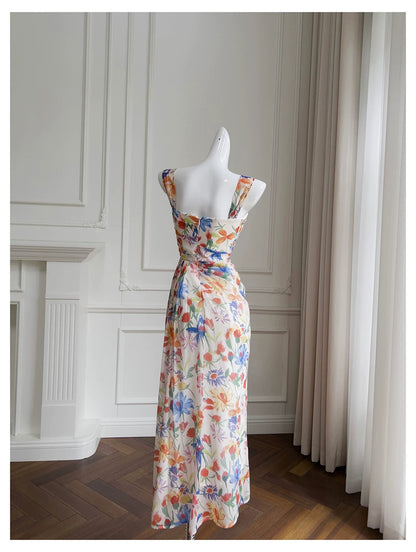 Watercolor Floral Chiffon Maxi Dress, Square Neck Spaghetti Strap Dress F0435