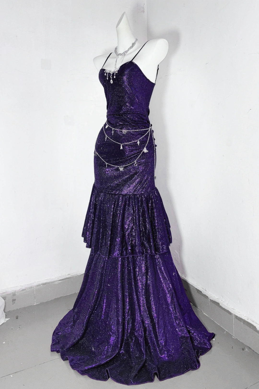 Sparkly Purple Mermaid Spaghetti Strap Evening Dress F0283