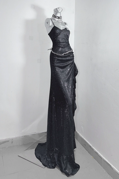 Elegant black glitter mermaid dress with thin spaghetti straps, side ruched waist and asymmetrical ruffle high slit floor-length Dress  F0285