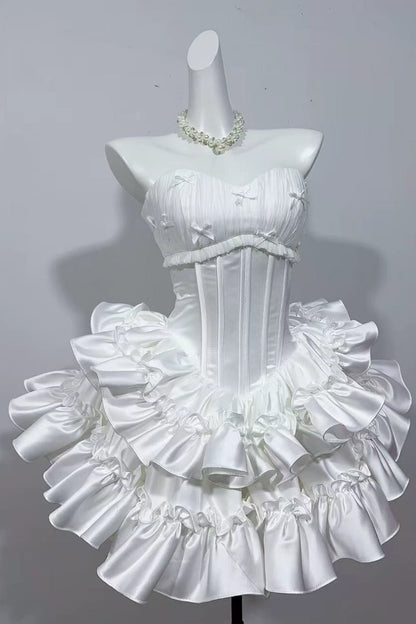 Strapless Ruffled Satin Mini Homecoming Dress With Tiny Bows F0312