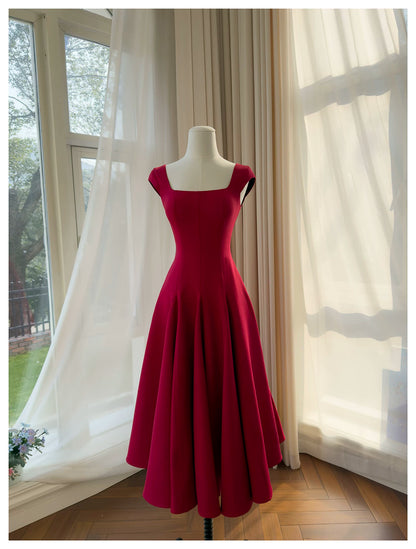 Burgundy Square Neck Midi Formal Dress Cap Sleeve A-Line Evening Party Dress F0433