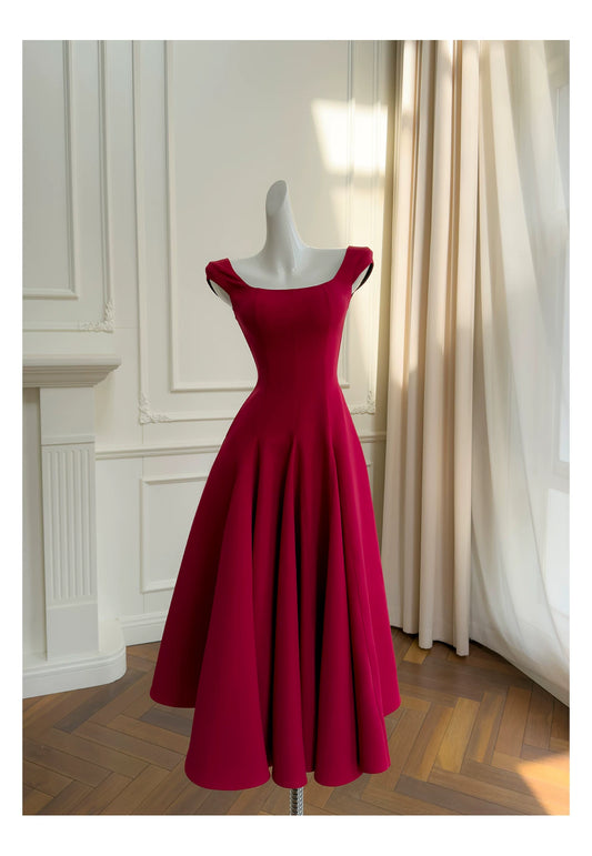Burgundy Square Neck Midi Formal Dress Cap Sleeve A-Line Evening Party Dress F0433