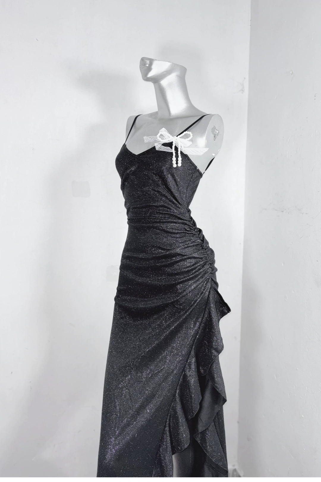 Elegant black glitter mermaid dress with thin spaghetti straps, side ruched waist and asymmetrical ruffle high slit floor-length Dress  F0285