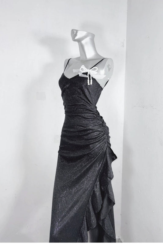 Elegant black glitter mermaid dress with thin spaghetti straps, side ruched waist and asymmetrical ruffle high slit floor-length Dress  F0285