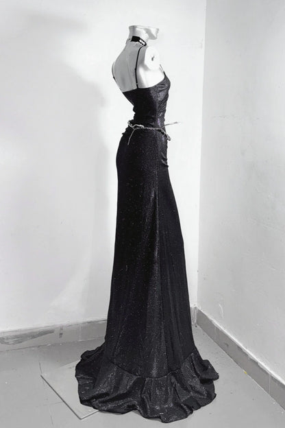 Elegant black glitter mermaid dress with thin spaghetti straps, side ruched waist and asymmetrical ruffle high slit floor-length Dress  F0285