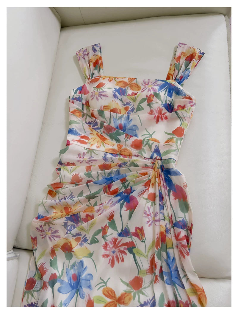 Watercolor Floral Chiffon Maxi Dress, Square Neck Spaghetti Strap Dress F0435
