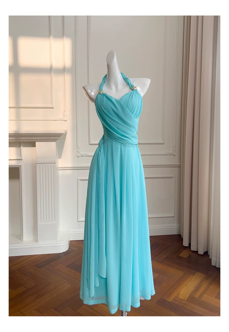 Halter Turquoise Chiffon Midi Evening Dress  F0439