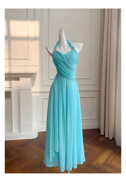 Halter Turquoise Chiffon Midi Evening Dress  F0439