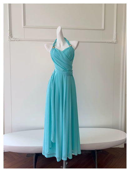 Halter Turquoise Chiffon Midi Evening Dress  F0439
