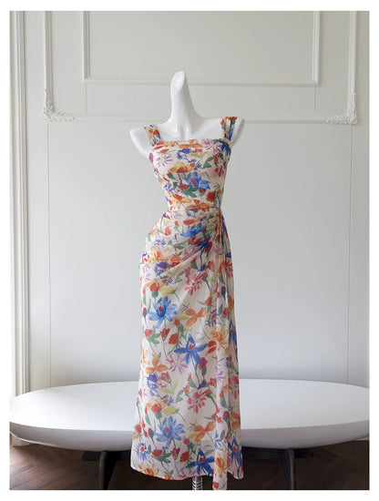 Watercolor Floral Chiffon Maxi Dress, Square Neck Spaghetti Strap Dress F0435