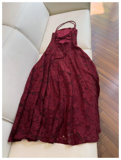 Spaghetti Strap Burgundy Textured Lace Long Evening Dress  F0440