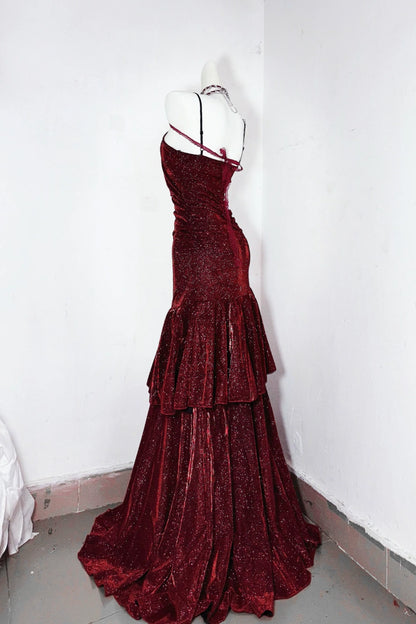Sparkly Burgundy Mermaid Spaghetti Strap Evening Dress F0284