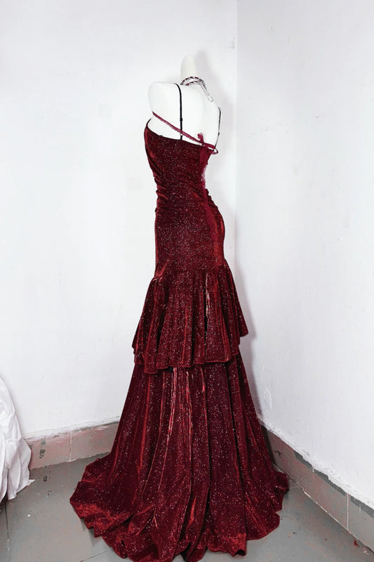 Sparkly Burgundy Mermaid Spaghetti Strap Evening Dress F0284