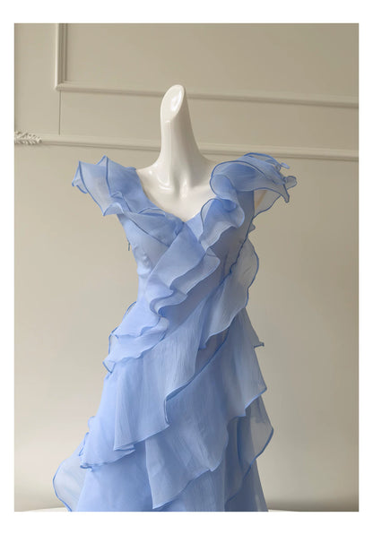 Light Blue V Neck Ruffle Long Evening Dress F0446