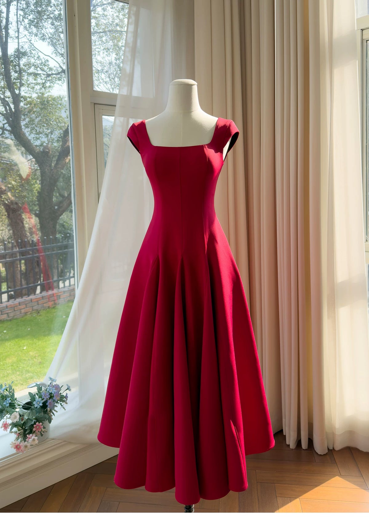 Burgundy Square Neck Midi Formal Dress Cap Sleeve A-Line Evening Party Dress F0433
