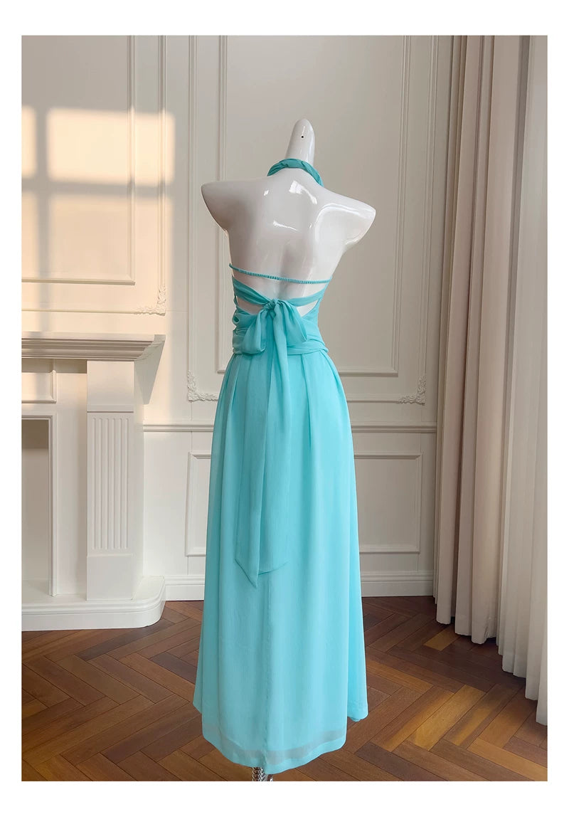 Halter Turquoise Chiffon Midi Evening Dress  F0439