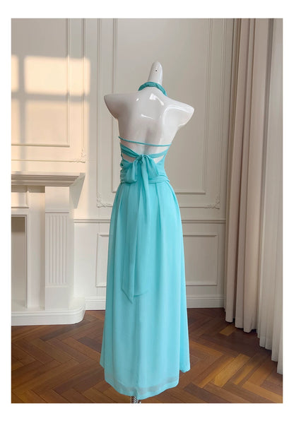 Halter Turquoise Chiffon Midi Evening Dress  F0439