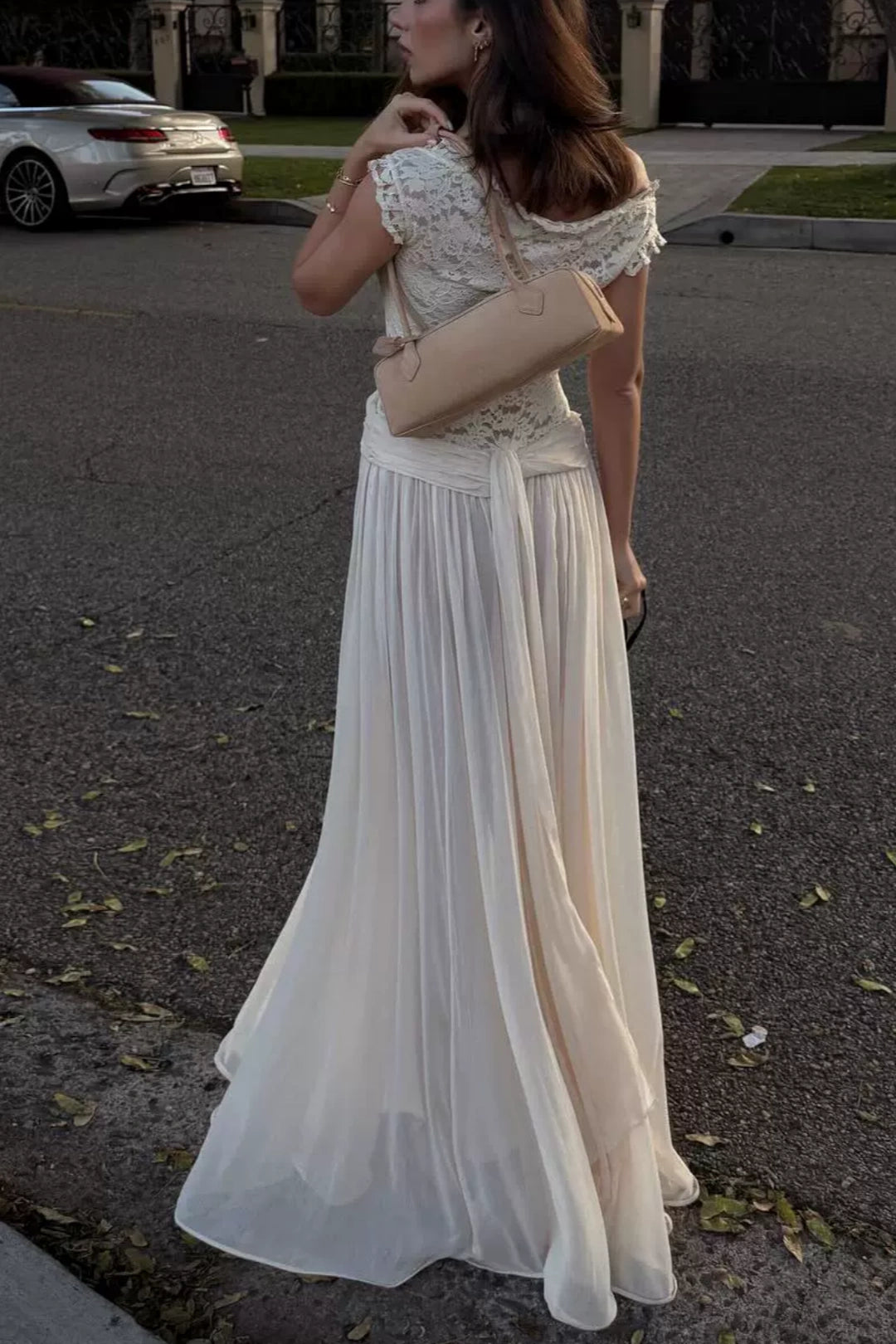 Off Shoulder Lace Chiffon Evening Dress Ruched Waist Flowy Maxi L042
