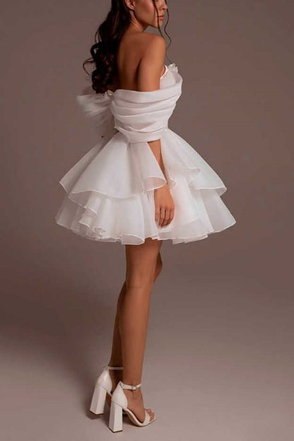 Off Shoulder Lace Corset Tulle Homecoming Dress Ruffled Short Dress F0292
