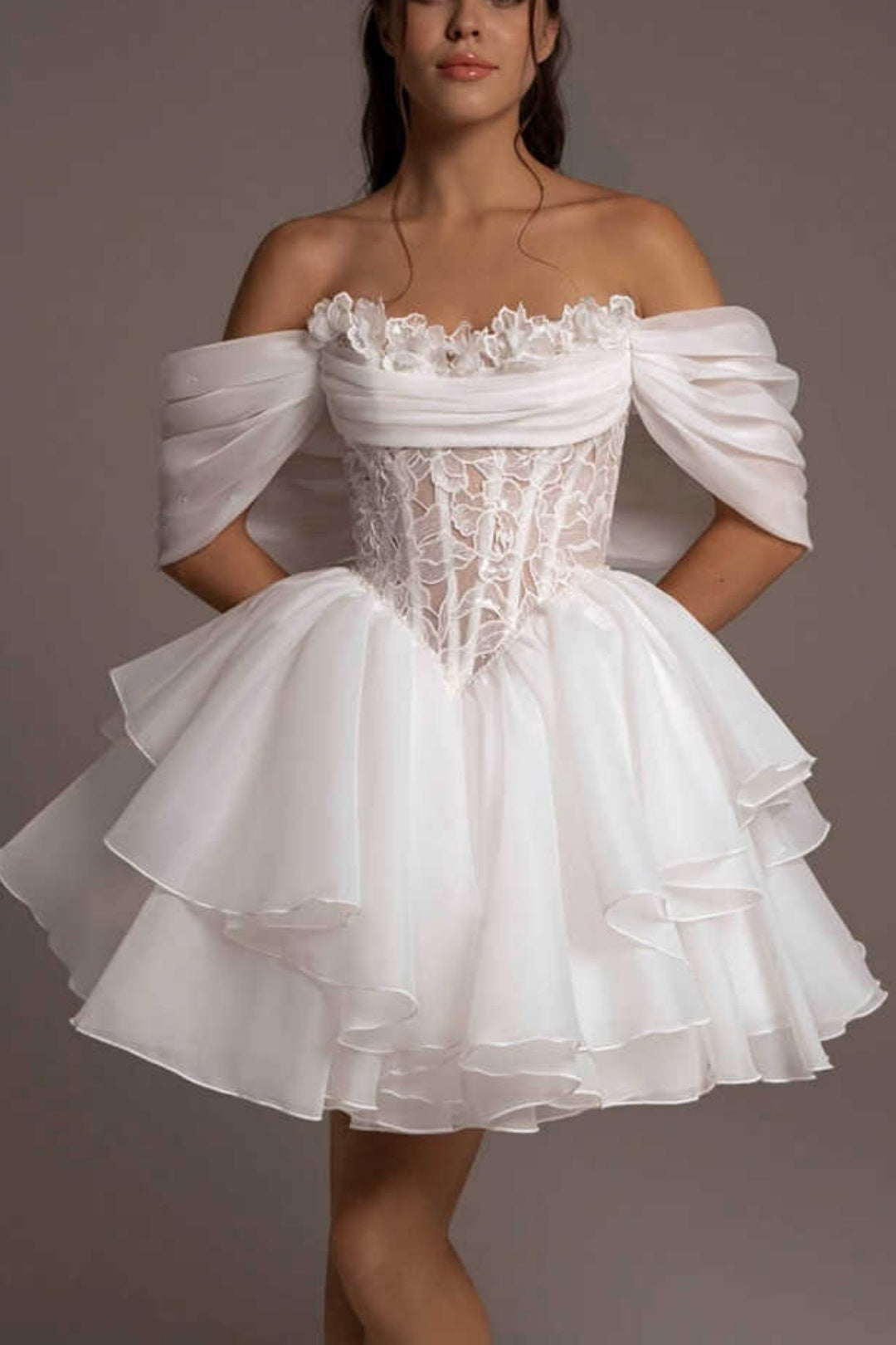 Off Shoulder Lace Corset Tulle Homecoming Dress Ruffled Short Dress F0292