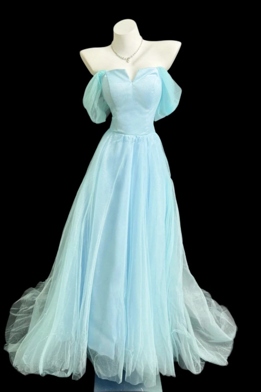 Off Shoulder Light Blue Tulle Evening Dress With Puff Sleeves  F0357
