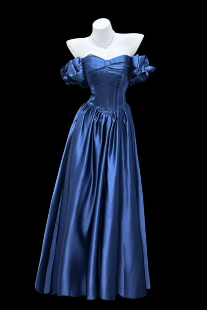 Off Shoulder Navy Satin Corset Evening Dress With Ruffled Puff Sleeves  F0355
