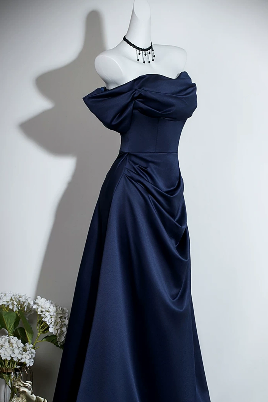 Off Shoulder Satin A-Line Evening Dress Draped Formal Gown With Bow Detail F0420