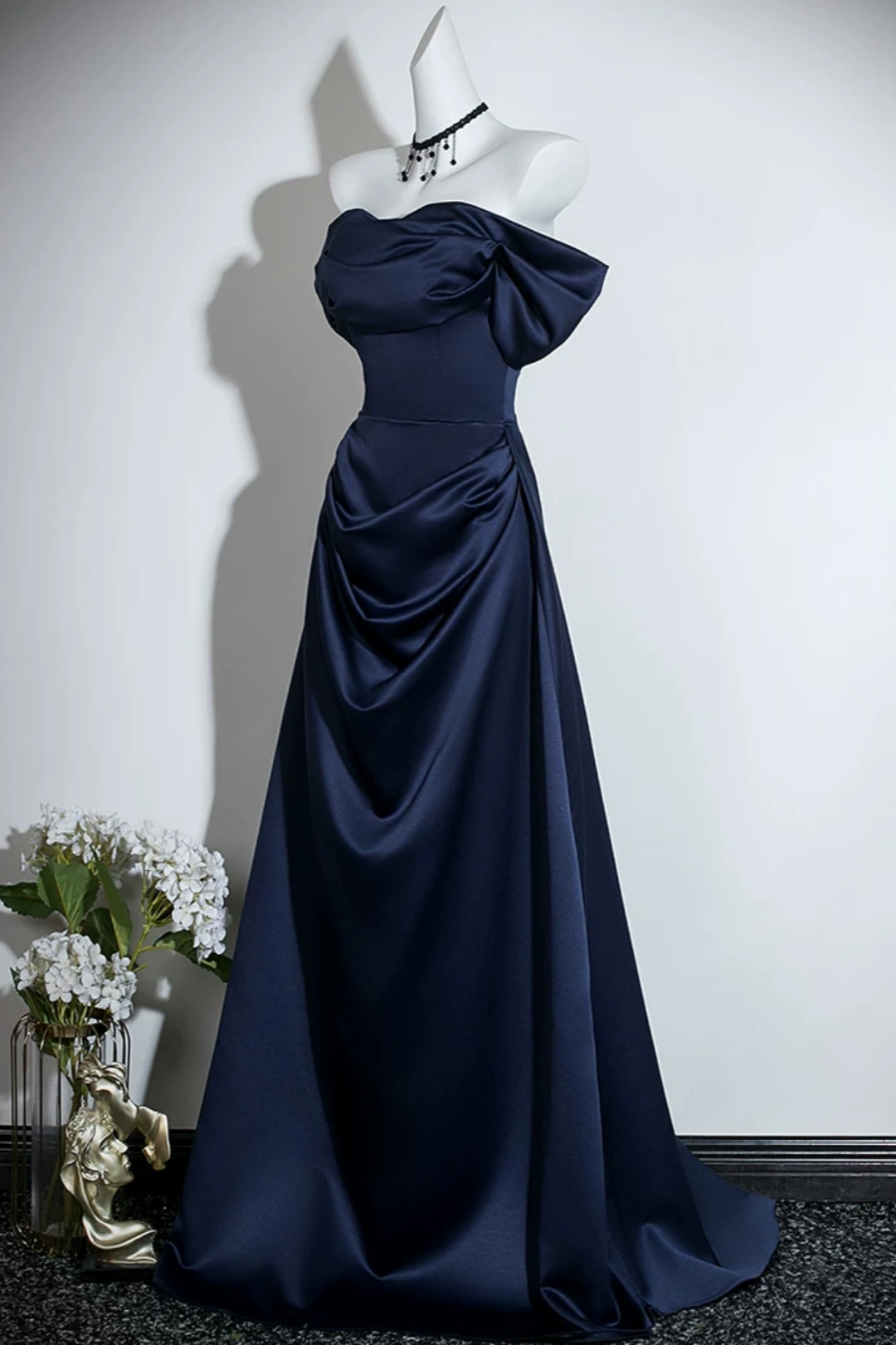Off Shoulder Satin A-Line Evening Dress Draped Formal Gown With Bow Detail F0420