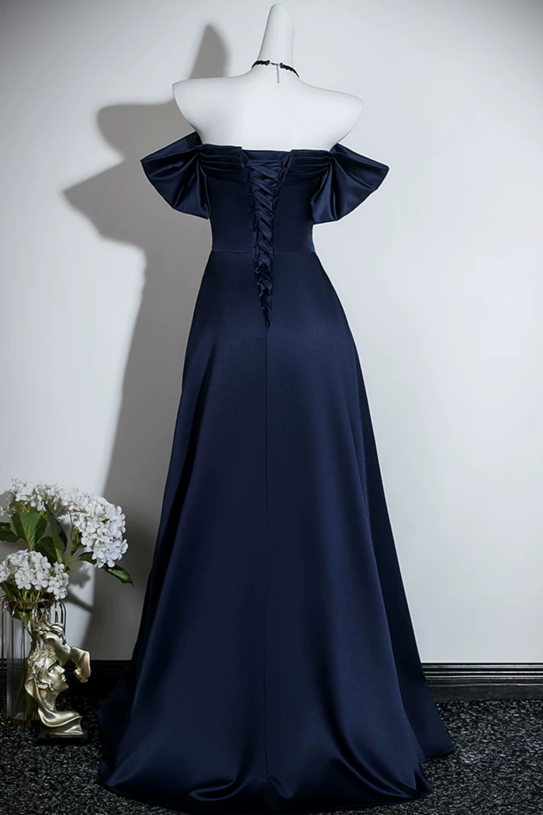 Off Shoulder Satin A-Line Evening Dress Draped Formal Gown With Bow Detail F0420