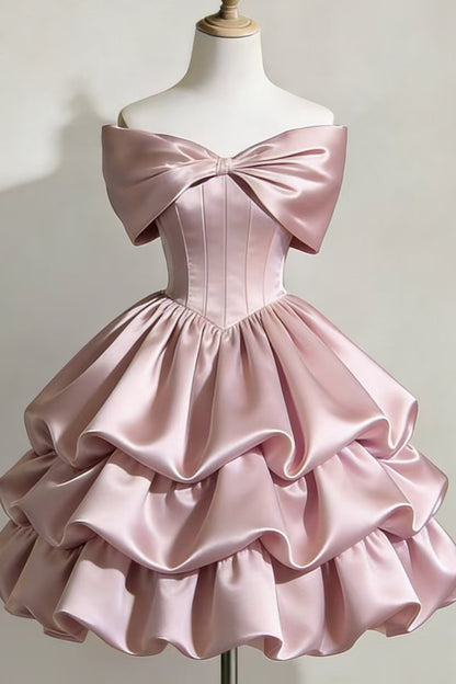 Off Shoulder Satin Homecoming Dress Big Bow Tiered Ruffle Mini Dress F0299