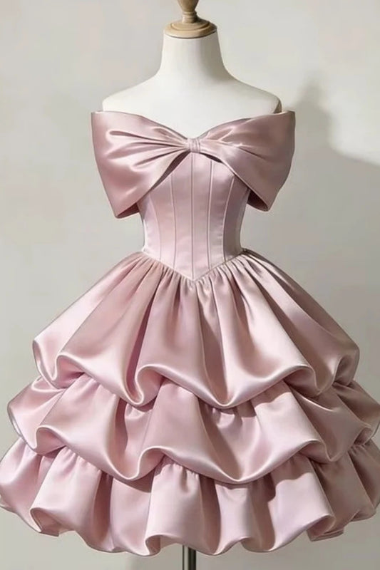 Off Shoulder Satin Homecoming Dress Big Bow Tiered Ruffle Mini Dress F0299