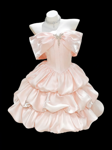 Off Shoulder Satin Tiered Mini Homecoming Dress With Big Bow F0310
