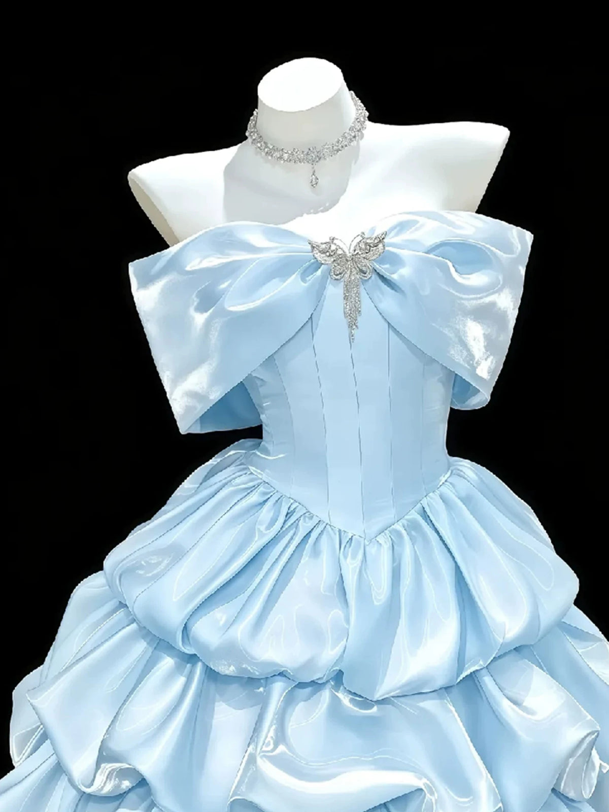 Off Shoulder Satin Tiered Mini Homecoming Dress With Big Bow F0310