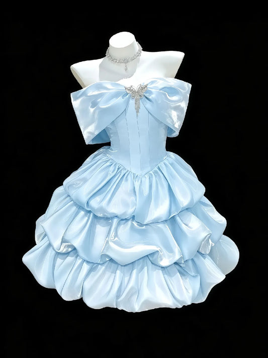 Off Shoulder Satin Tiered Mini Homecoming Dress With Big Bow F0310