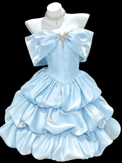 Off Shoulder Satin Tiered Mini Homecoming Dress With Big Bow F0310
