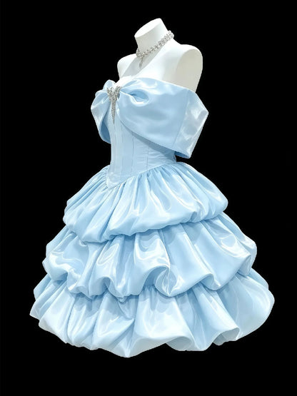 Off Shoulder Satin Tiered Mini Homecoming Dress With Big Bow F0310