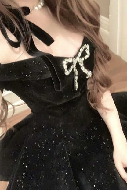 Off Shoulder Sparkly Homecoming Dress Rhinestone Bow Mini Dress F0300
