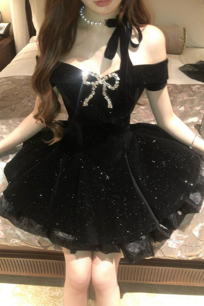 Off Shoulder Sparkly Homecoming Dress Rhinestone Bow Mini Dress F0300