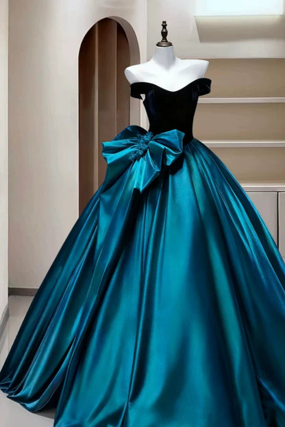 Off Shoulder Velvet Satin Ball Gown Formal Evening Dress With Big Bow F0418