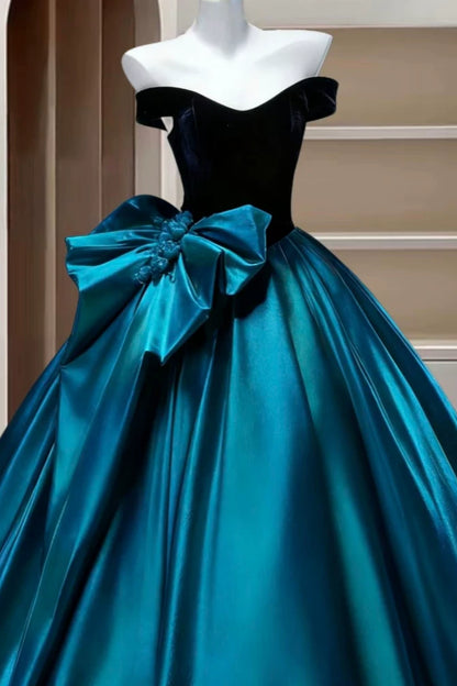 Off Shoulder Velvet Satin Ball Gown Formal Evening Dress With Big Bow F0418