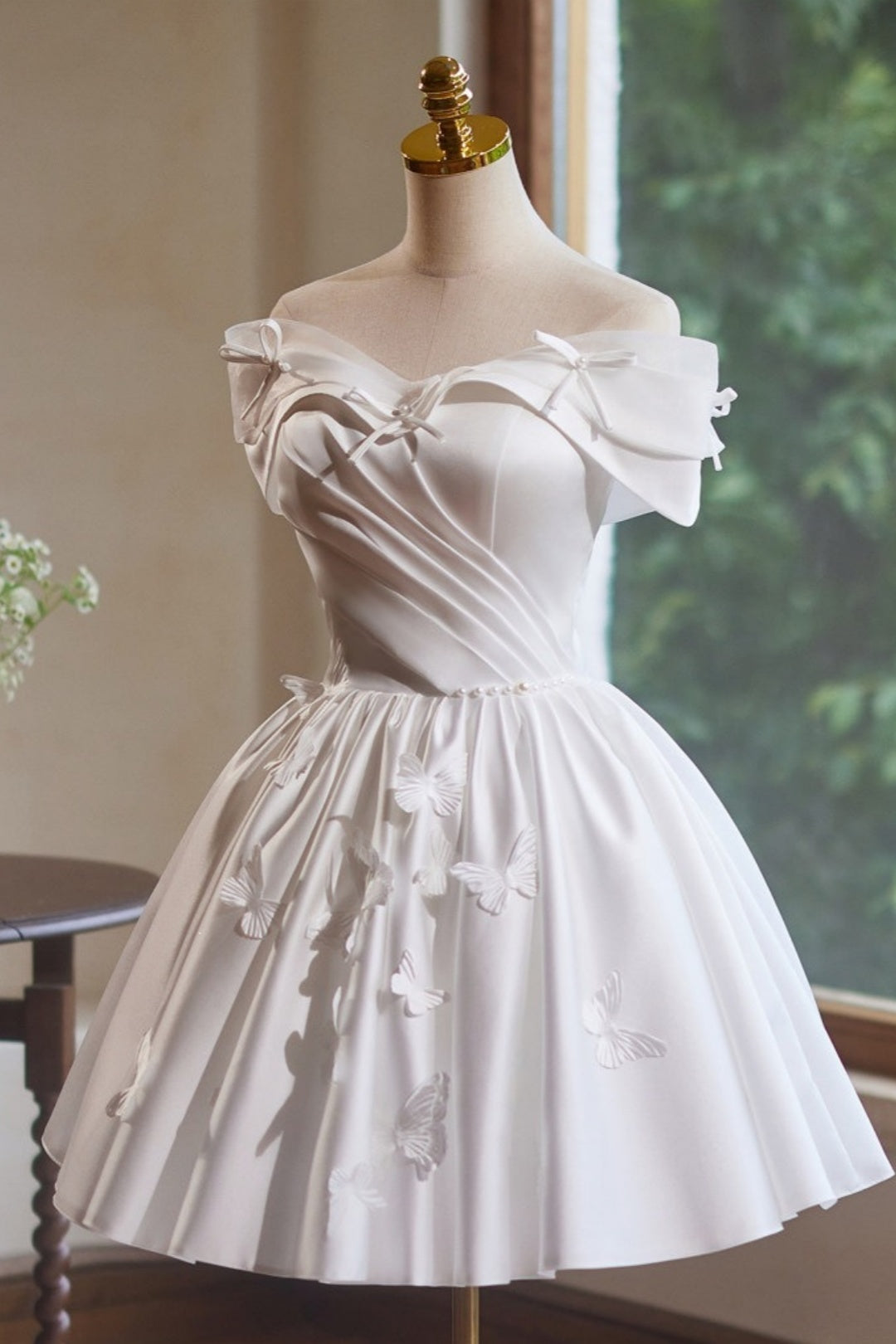 Off Shoulder White Satin Butterfly Homecoming Dress Corset Back F0291